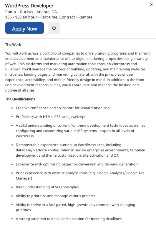 WordPress developer job description on Indeed