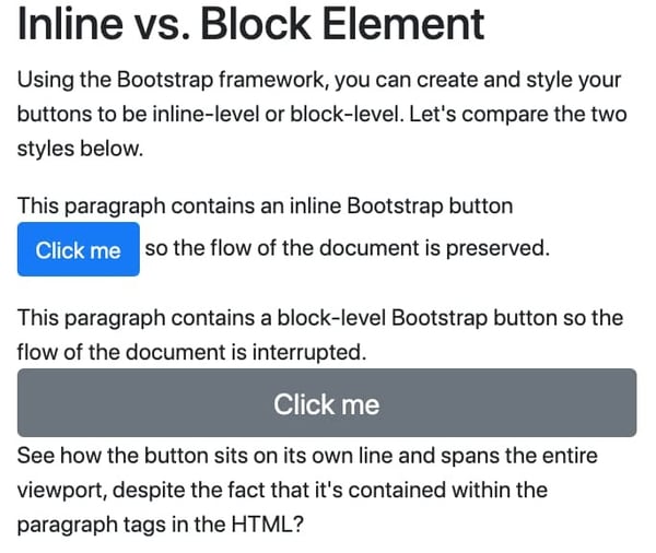 Bootstrap buttons styled as inline and block-level elements.