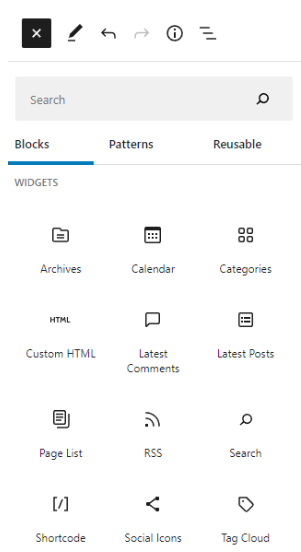 a menu of widget blocks in wordpress