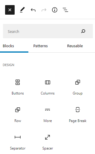 a menu of design blocks in wordpress