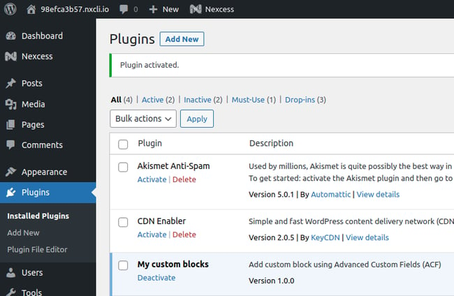 plugin list in wordpress with the my custom blocks plugin visible