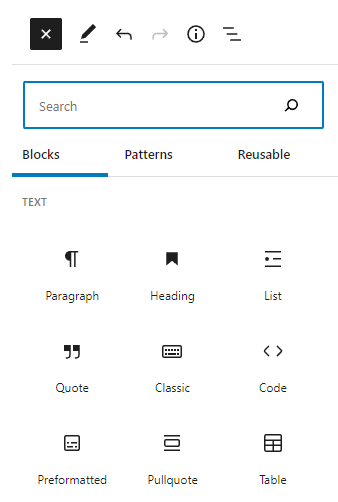a menu of text blocks in wordpress