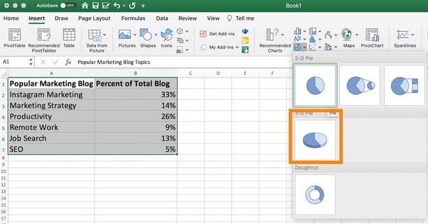 3-D option for pie chart in excel to create 3 dimensional version.