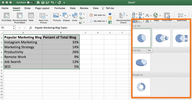 Various pie chart design options, including 2-D and 3-D pies, in excel.