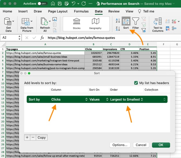 pivot table, sort data