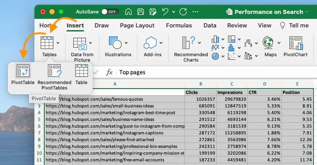pivot table, highlight cells you want to include in the pivot table
