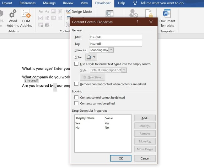 how to create a survey in microsoft word, step 4: input content control properties