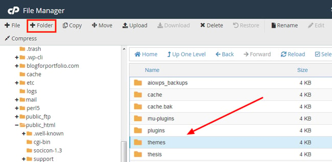 Creating child theme folder in the cpanel of a WordPress hosting provider