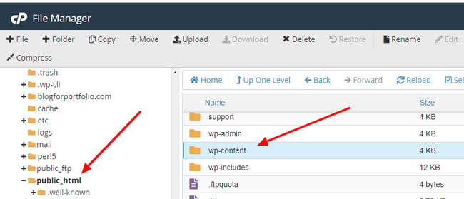User navigating to wp-content folder in cPanel of a WordPress hosting provider