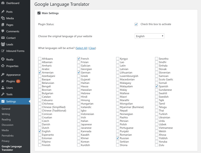 Google Language Translator plugin showing how to create a multilingual site with WordPress