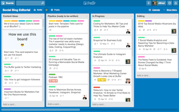 Buffer's editorial calendar examples: Buffer on blue Trello board