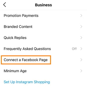 create an instagram business account: step 6. link your business facebook page