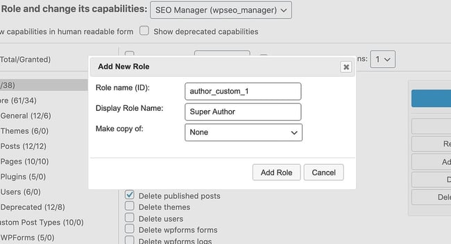 the Add New Role window for the WordPress plugin User Role Editor