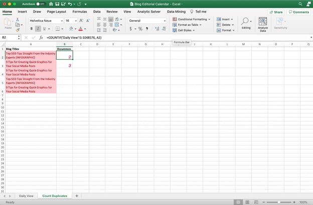 Excel doc with a count formula.