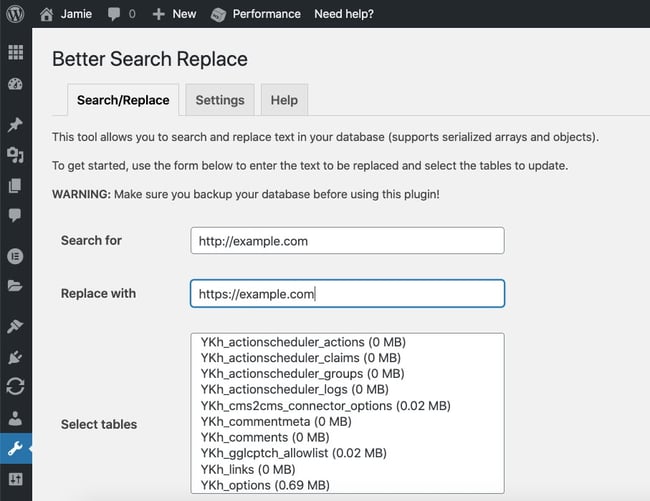 Configure Better Search Replace plugin settings to force HTTPS in WordPress dashboard
