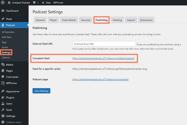 Podcast settings in WordPress dashboard 