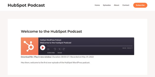 HubSpot Podcast demo on front end of site created with Seriously Simple Podcast Plugin