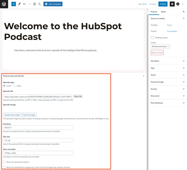 WordPress post in Gutenberg editor with Podcast Episode Details module