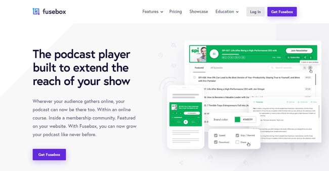 Fusebox landing page detailing features of podcast player