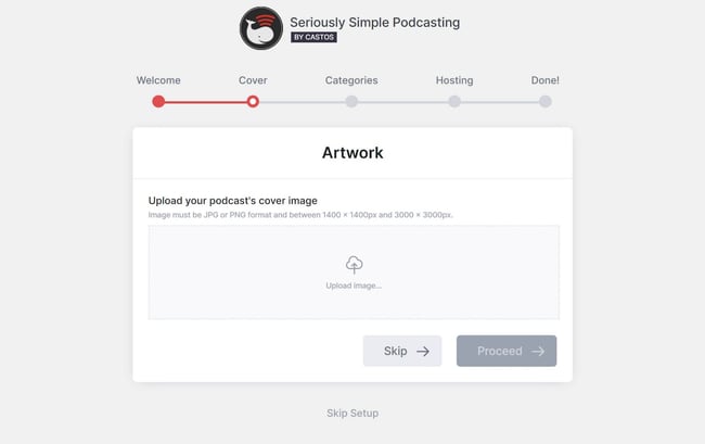 Seriously Simple Podcasting Installation wizard asking user to upload artwork