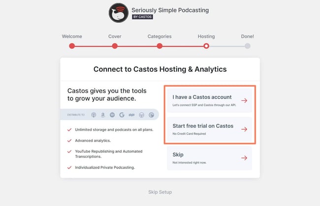 Seriously Simple Podcasting Installation wizard asking user to connect to Castos account
