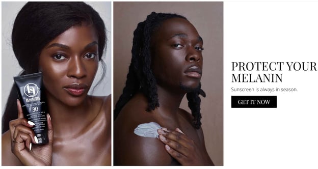 black girl sunscreen homepage marketing message "protect your melanin. sunscreen is always in season."