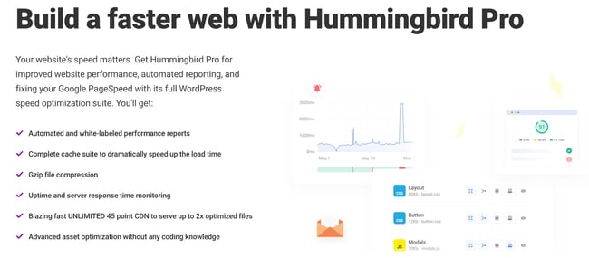 homepage for the wordpress browser caching plugin hummingbird by WPMU DEV