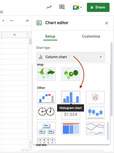 how to make a histogram on google sheets step 3: Click the drop down menu in 