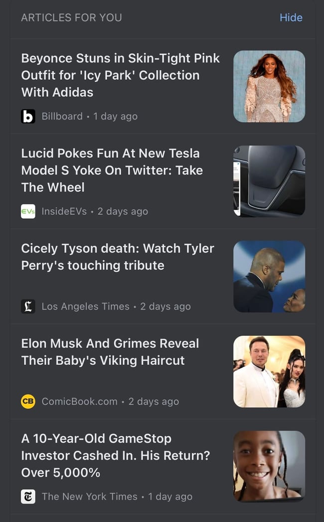 Google News Personalized Recommendations featuring Beyonce, Tyler Perry, and Elon Musk.