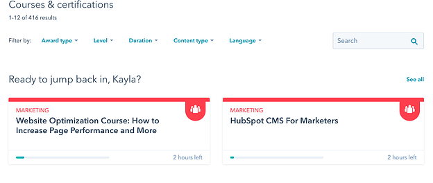 Personalized courses from HubSpot Academy