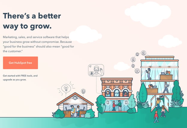 HubSpot CMS homepage with animated images of a small town that reads There's a better way to grow get Hubspot free