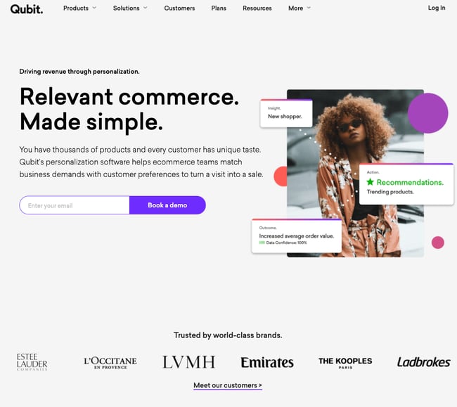 Quibit homepage that has a white background and purple buttons that reads relevant commerce made simple and shows popular brands and clients they've worked with