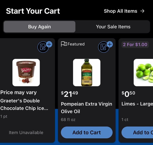 Kroger personalized shopping list recommendations including ice cream, olive oil, and limes