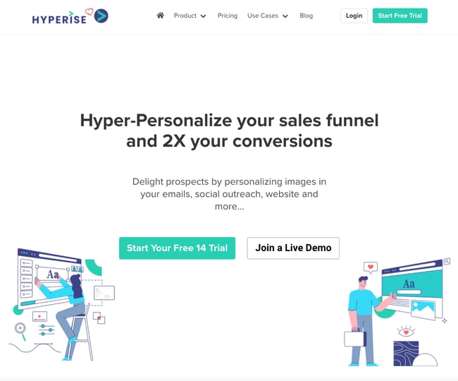 Hyperise website homepage that says Hyperise can personalizes your sales funnel and can increase your conversions up to two times. Start free trial or join a live demo.