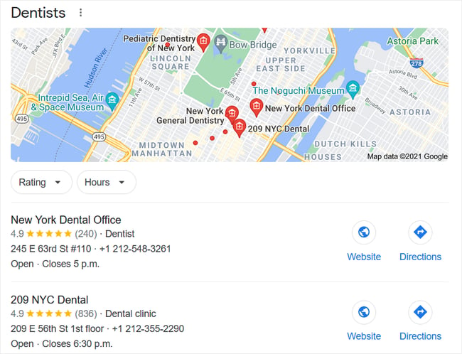 knowledge graph for NYC dental offices on Google SERP