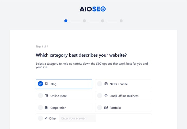 AIOSEO set up wizard asking what category describes your website