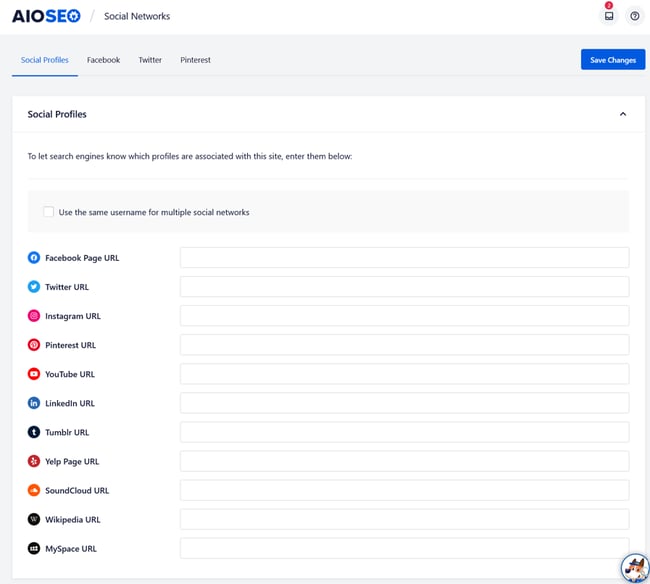 AIOSEO social networks section with fields for Facebook, Twitter, and other URLS