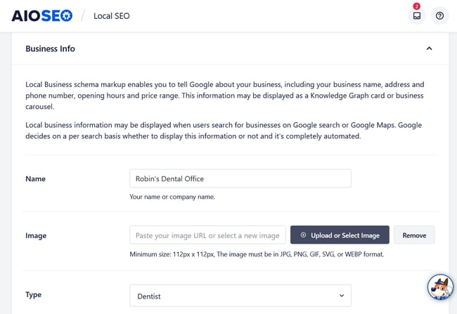 AIOSEO local business addon includes fields for the name, images, and type of business you run