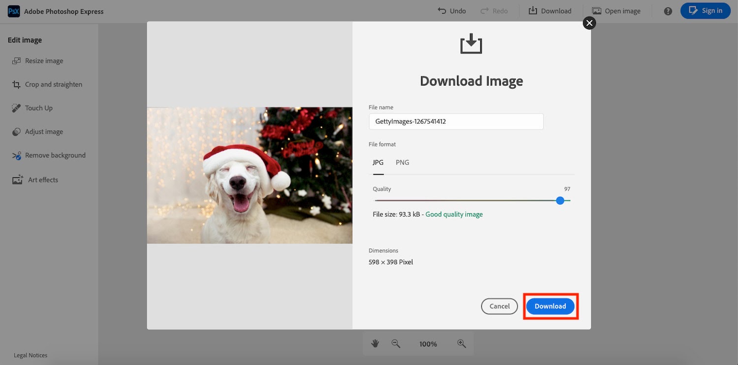 Downloading the image in Adobe Photoshop Express
