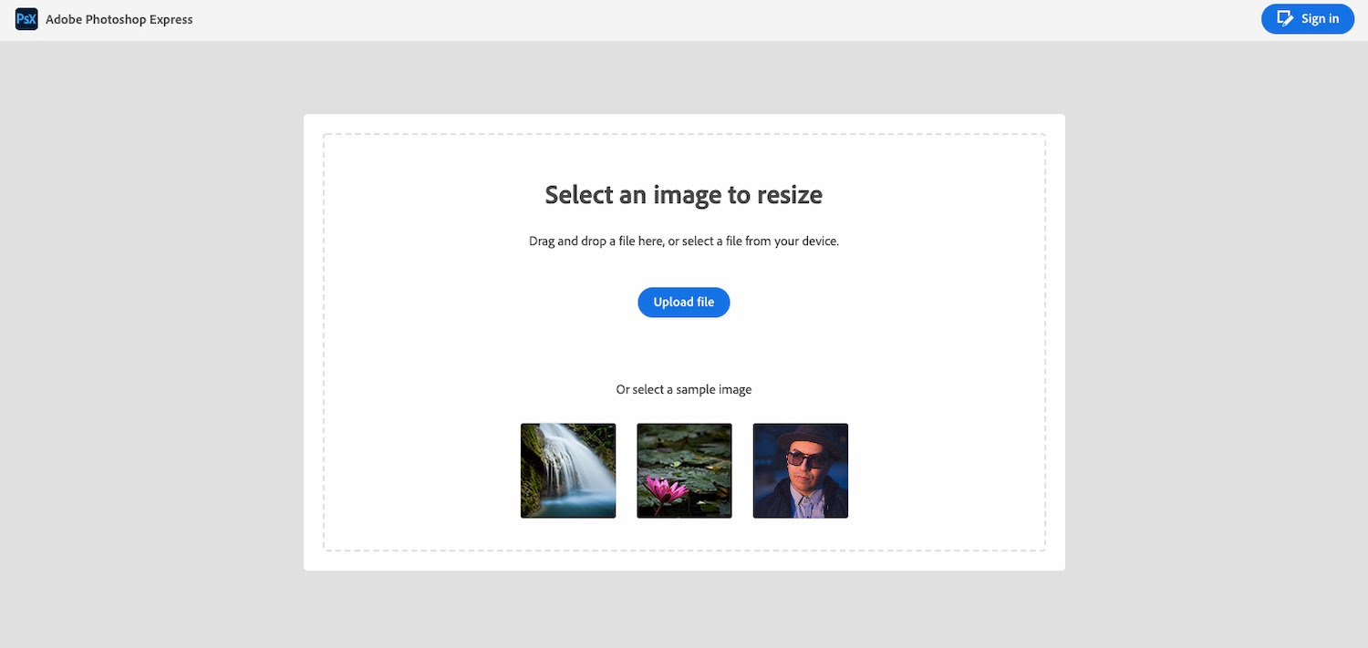 Uploading an image to resize in Adobe Photoshop Express