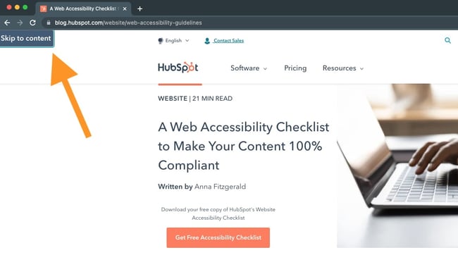 a hubspot blog post with visible focus on the skip to content button