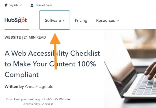 a hubspot blog post with visible focus on the software menu button