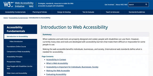 the w3c website with focus moving horizontally across different items