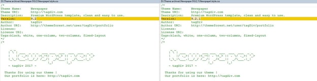 Comparing old and new versions of NewsPaper theme using WinMerge file comparison tool