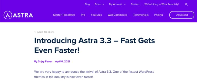 Blog post promoting Astra 3.3 version as fastest update yet