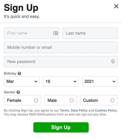Facebook sign up screen that shows new users how to sign up for Facebook
