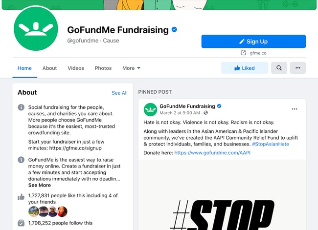 Example of a Facebook page featuring GoFundme
