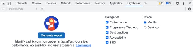 the lighthouse tab in the chrome developer tools panel