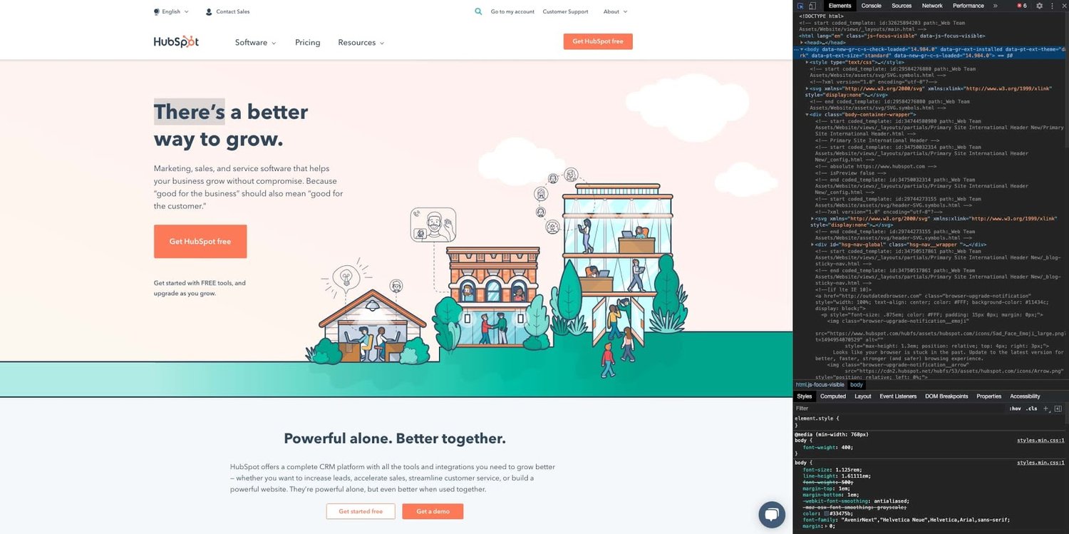 the hubspot homepage with the chrome inspect element tool open
