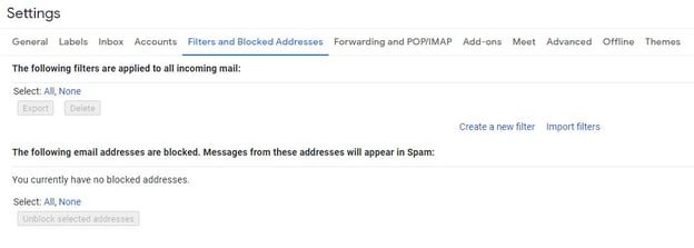 gmail filters and blocked addresses page